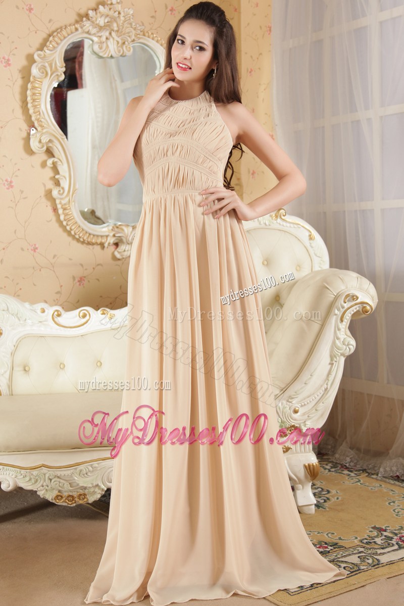 Halter Top Ruched Champagne Prom Holiday Dress with Zipper Up Back