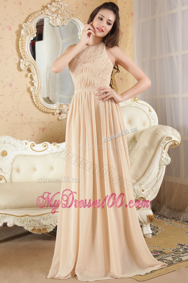 Halter Top Ruched Champagne Prom Holiday Dress with Zipper Up Back