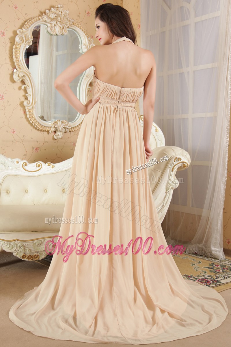 Halter Top Ruched Champagne Prom Holiday Dress with Zipper Up Back