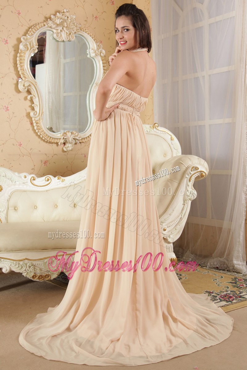 Halter Top Ruched Champagne Prom Holiday Dress with Zipper Up Back