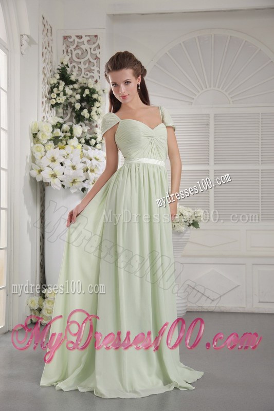 Cap Sleeves and Ruches Decorate Brush Chiffon Prom Dress in Apple Green