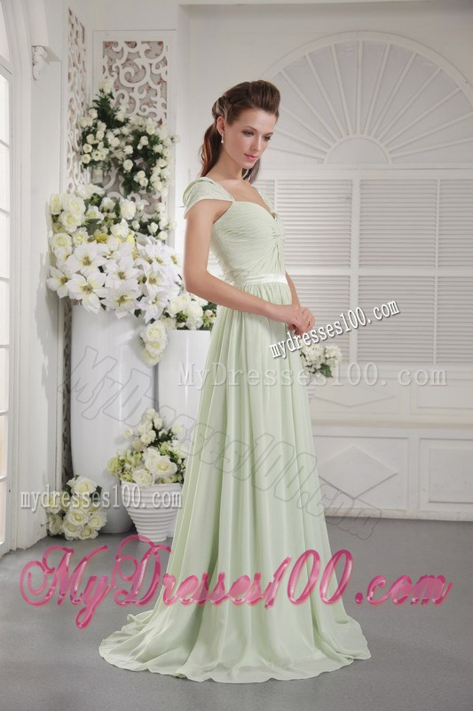 Cap Sleeves and Ruches Decorate Brush Chiffon Prom Dress in Apple Green