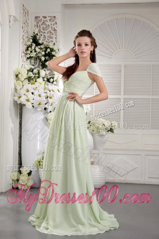 Cap Sleeves and Ruches Decorate Brush Chiffon Prom Dress in Apple Green