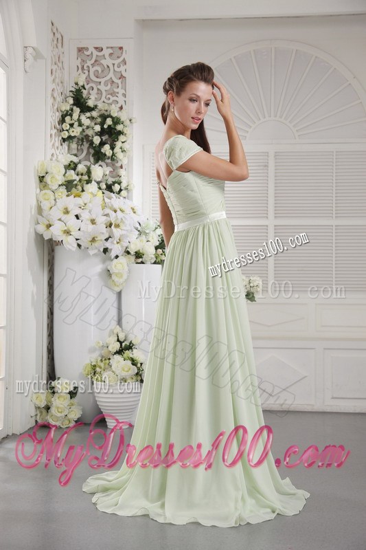 Cap Sleeves and Ruches Decorate Brush Chiffon Prom Dress in Apple Green