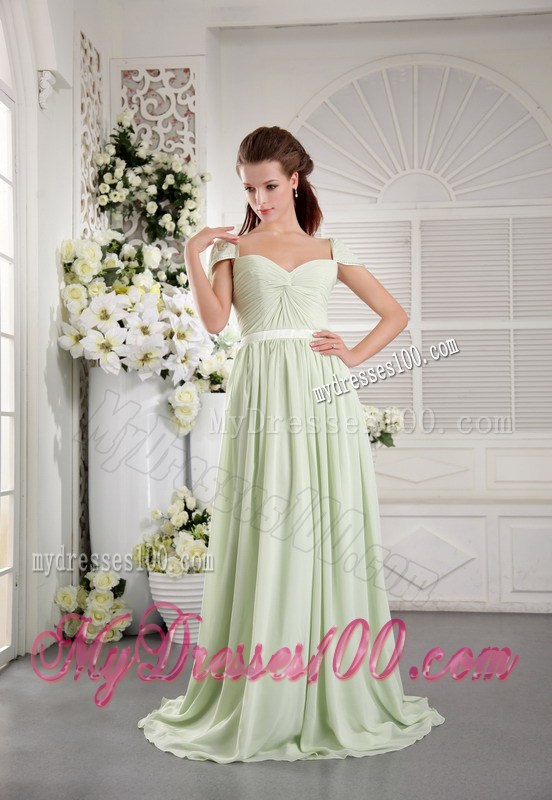 Cap Sleeves and Ruches Decorate Brush Chiffon Prom Dress in Apple Green
