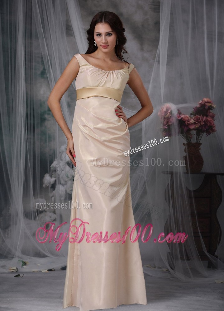 Champagne Column Off The Shoulder Floor-length Satin Prom Dress with Belt