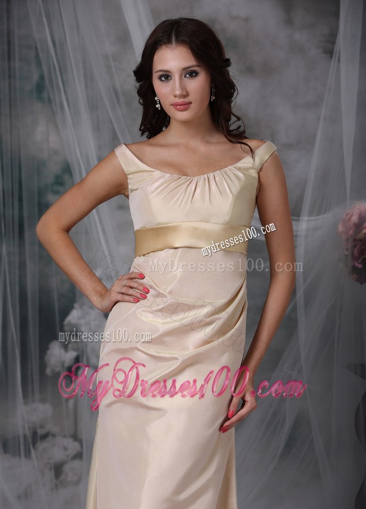 Champagne Column Off The Shoulder Floor-length Satin Prom Dress with Belt