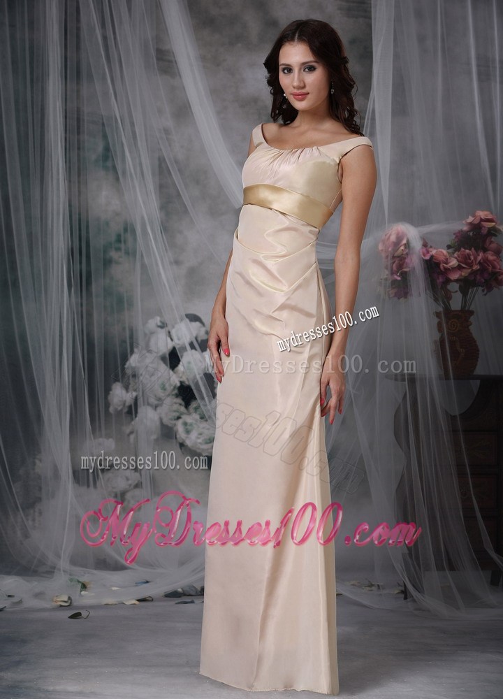 Champagne Column Off The Shoulder Floor-length Satin Prom Dress with Belt