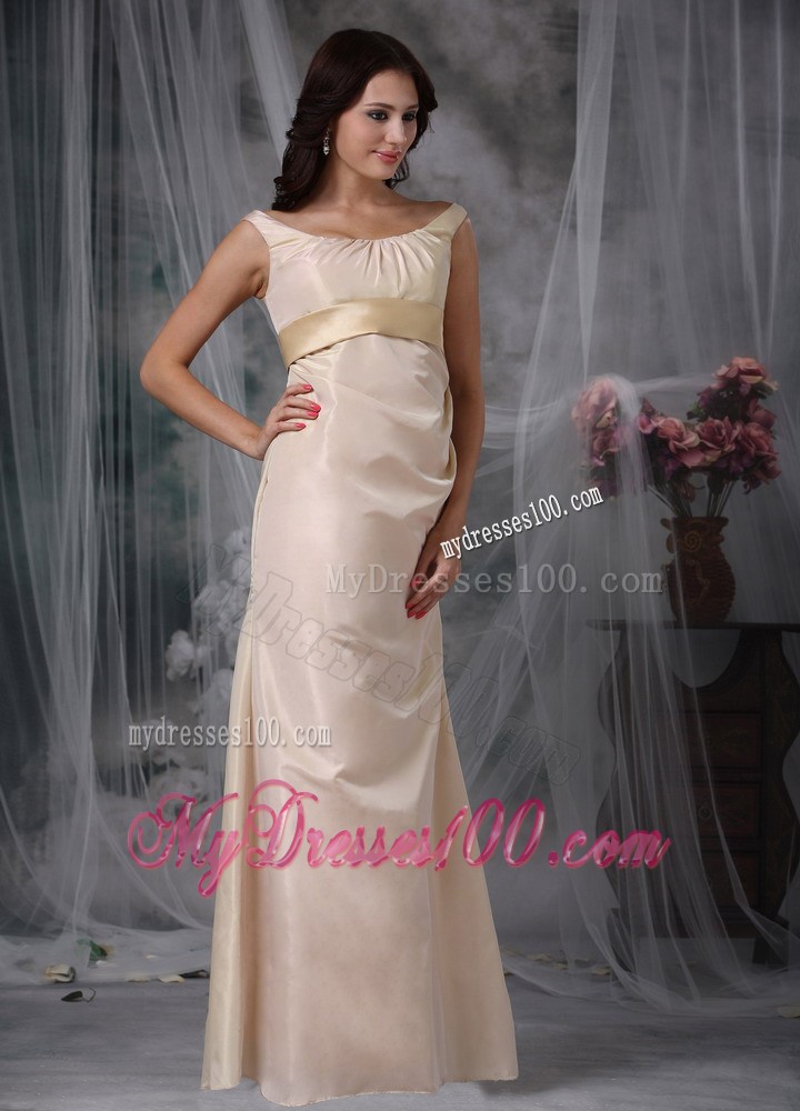 Champagne Column Off The Shoulder Floor-length Satin Prom Dress with Belt