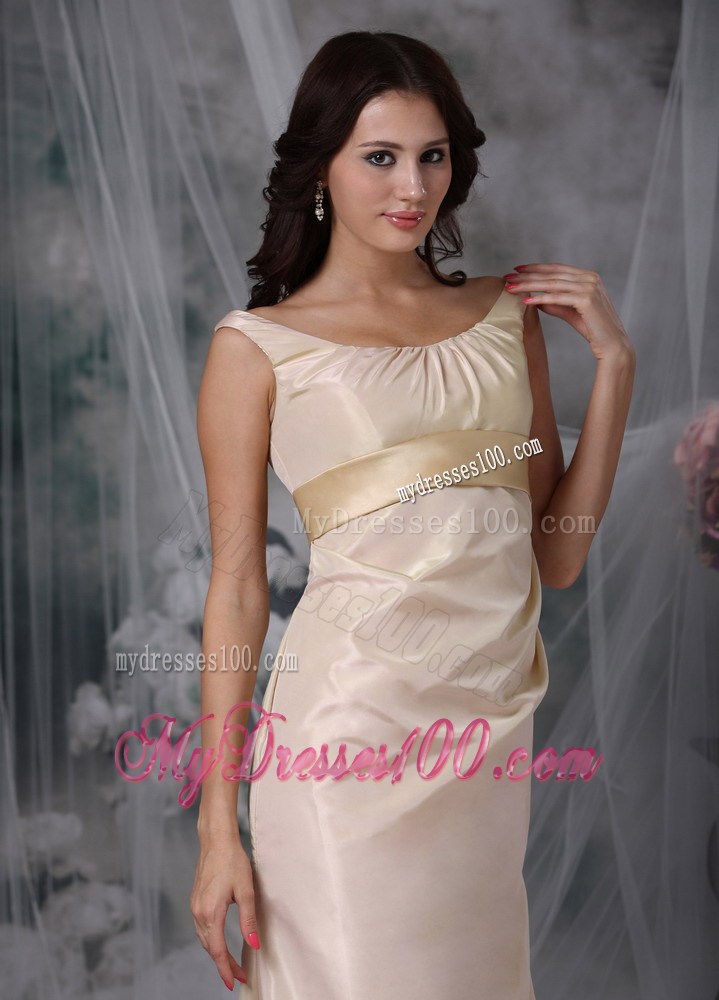 Champagne Column Off The Shoulder Floor-length Satin Prom Dress with Belt