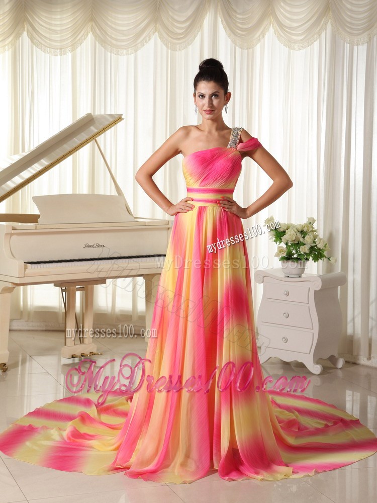 Colorful Beading Decorate One Shoulder Chapel train Prom Dress