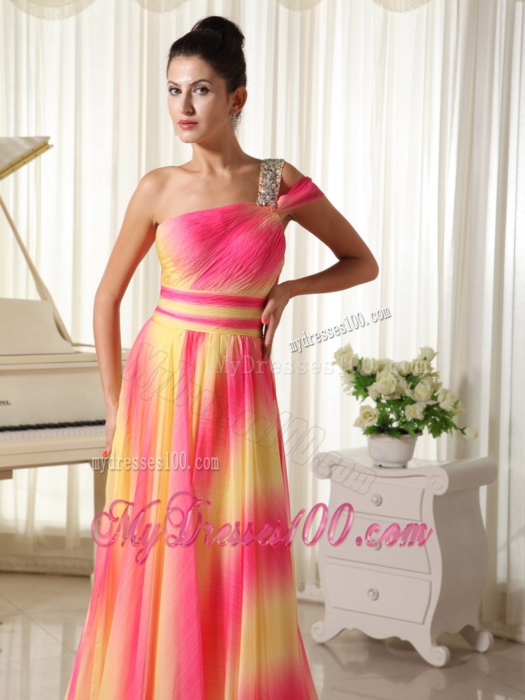 Colorful Beading Decorate One Shoulder Chapel train Prom Dress