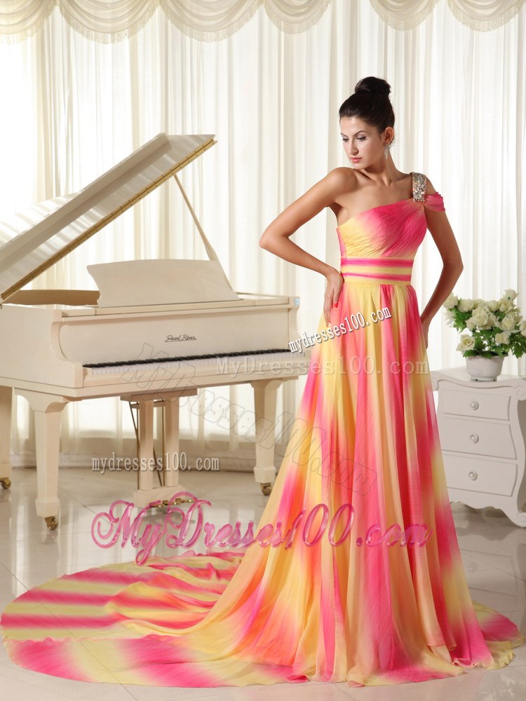 Colorful Beading Decorate One Shoulder Chapel train Prom Dress