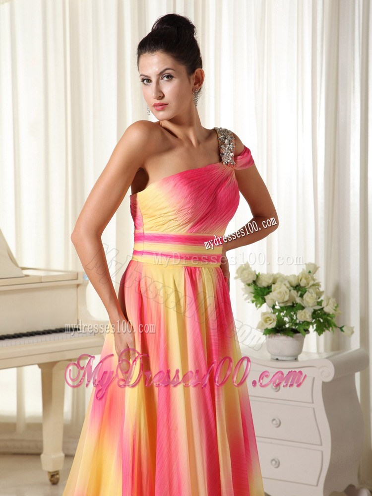 Colorful Beading Decorate One Shoulder Chapel train Prom Dress