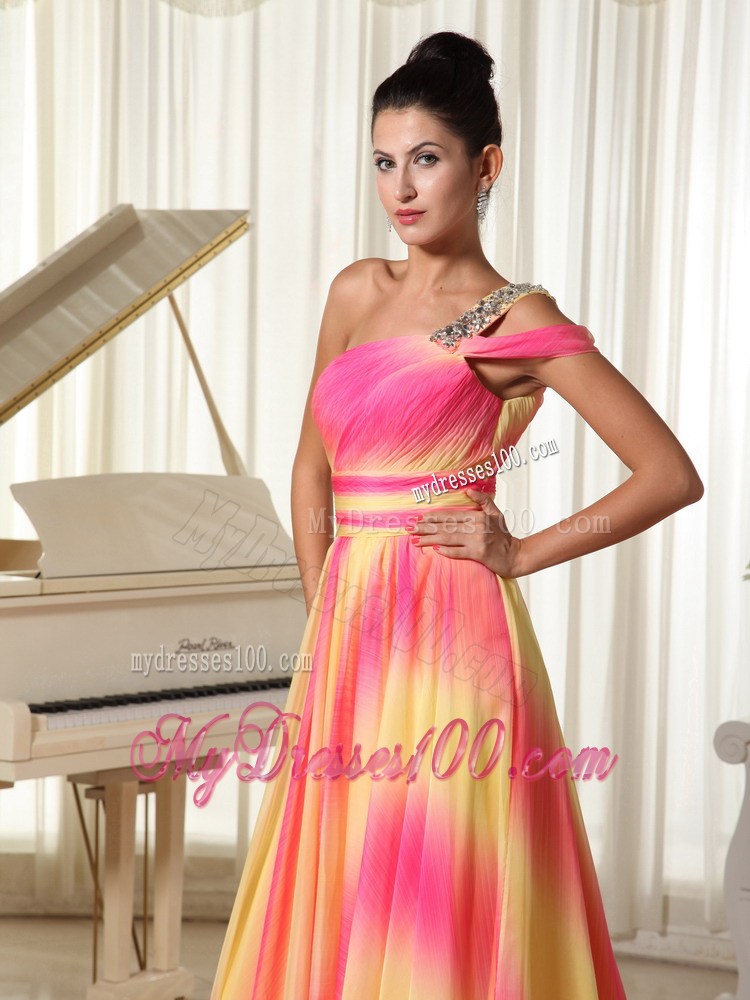 Colorful Beading Decorate One Shoulder Chapel train Prom Dress