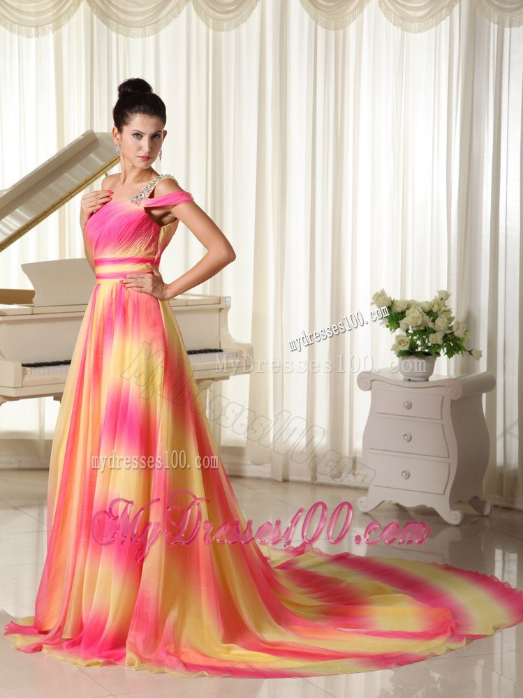 Colorful Beading Decorate One Shoulder Chapel train Prom Dress