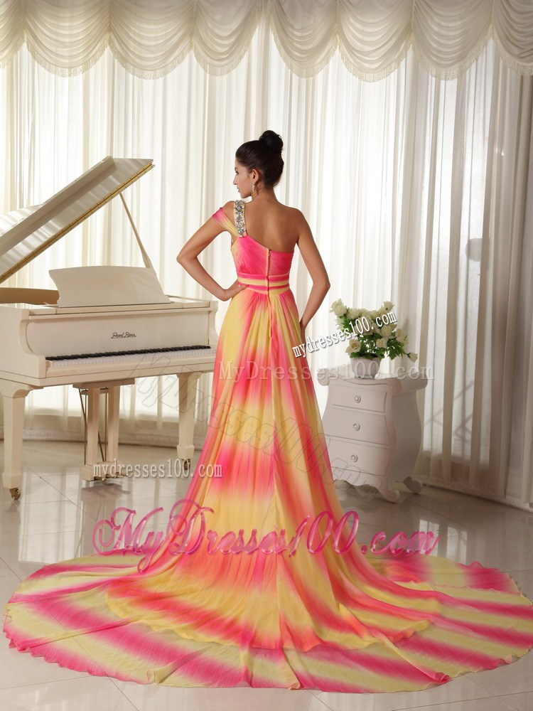 Colorful Beading Decorate One Shoulder Chapel train Prom Dress