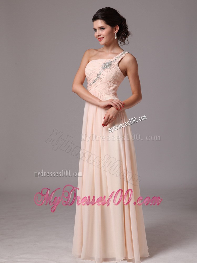 Beaded One Shoulder and Ruches Accent Floor length Champagne Prom Dress