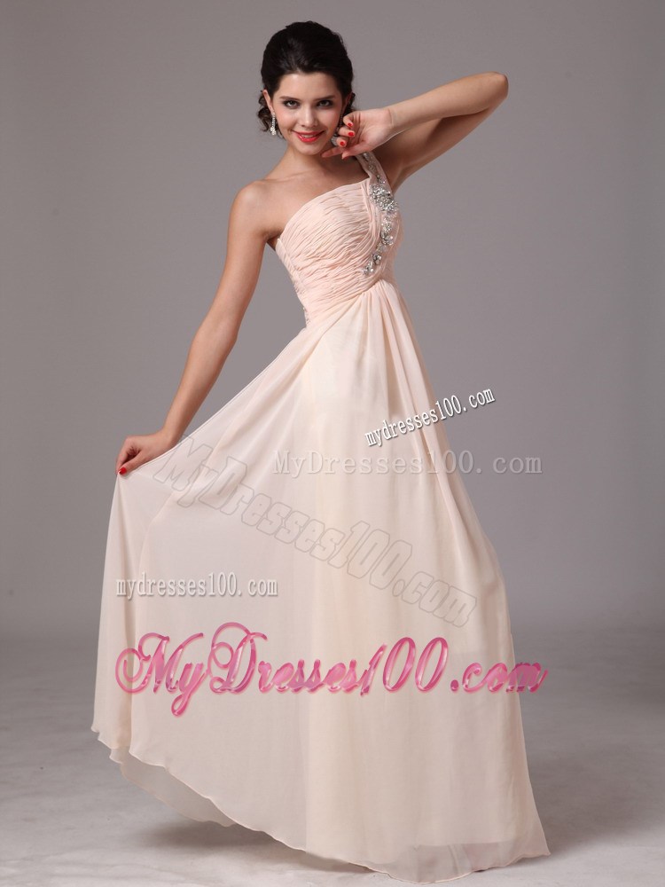 Beaded One Shoulder and Ruches Accent Floor length Champagne Prom Dress