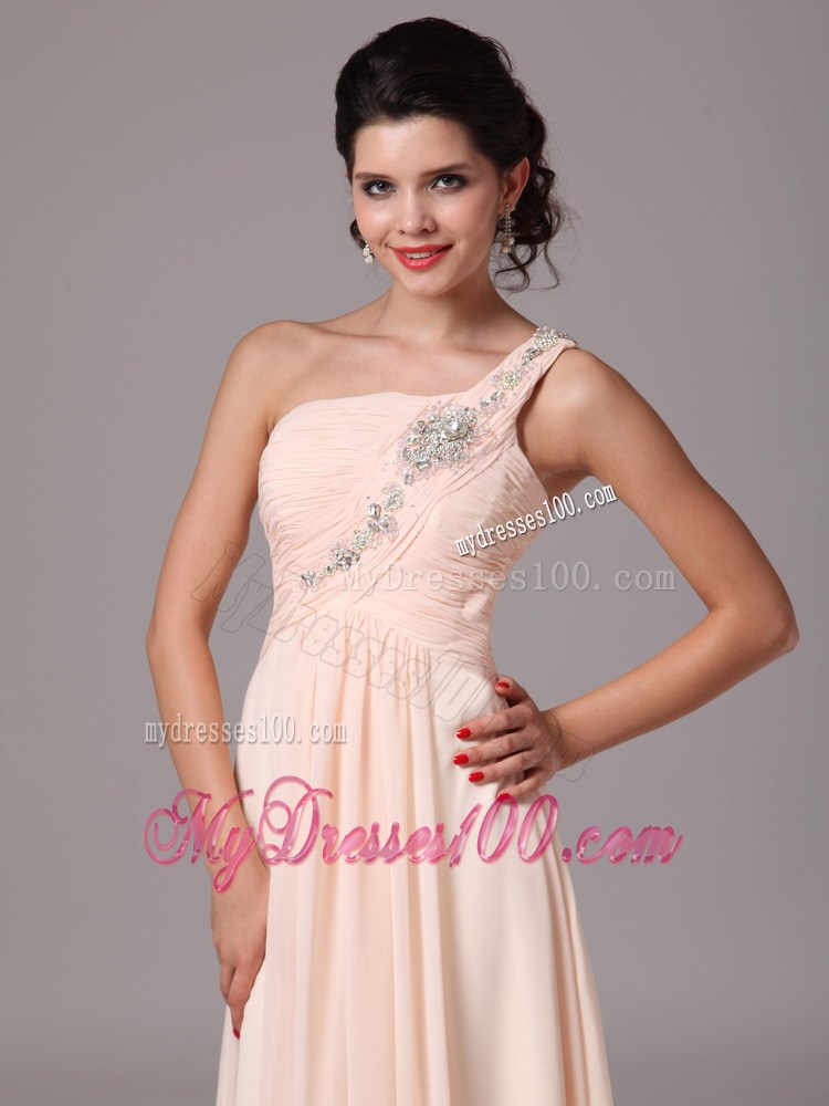 Beaded One Shoulder and Ruches Accent Floor length Champagne Prom Dress