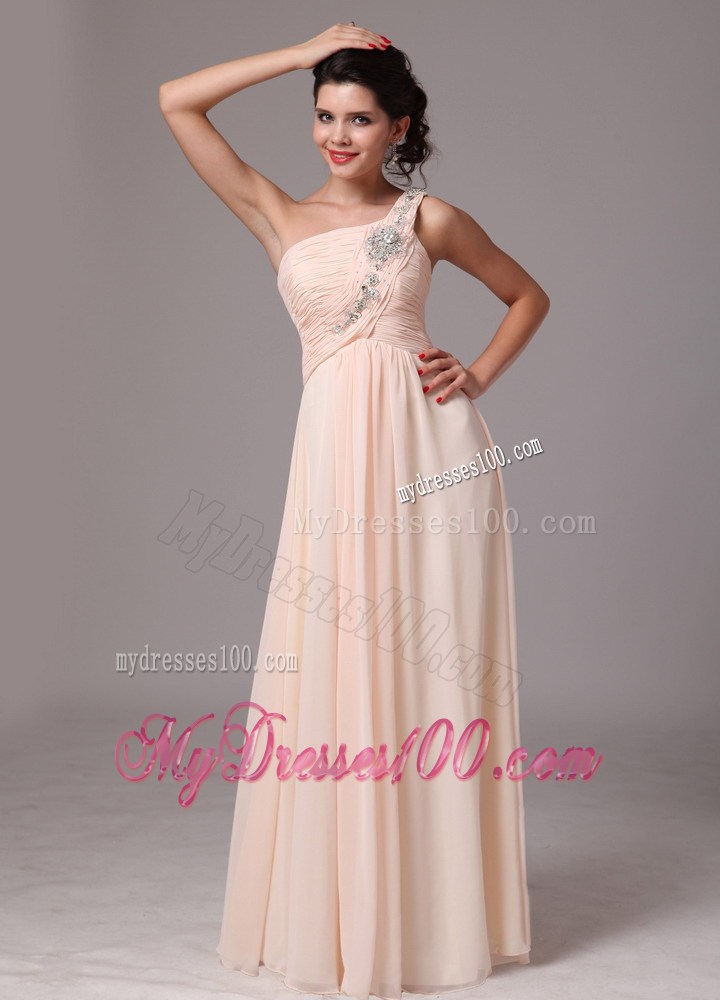 Beaded One Shoulder and Ruches Accent Floor length Champagne Prom Dress