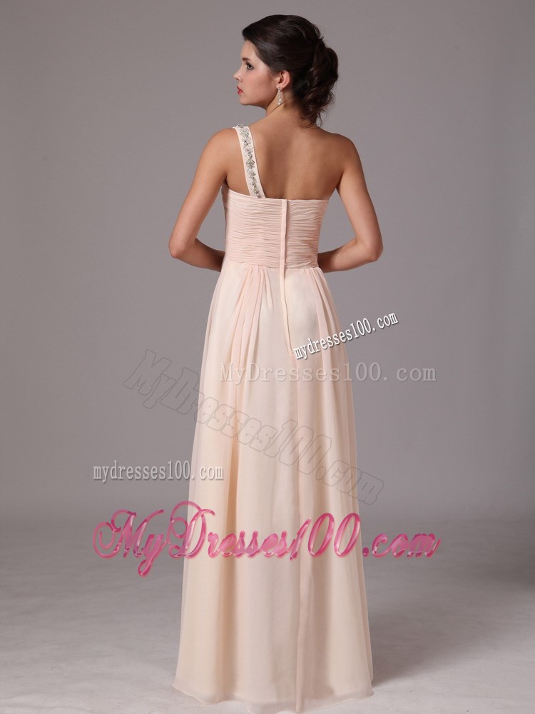 Beaded One Shoulder and Ruches Accent Floor length Champagne Prom Dress