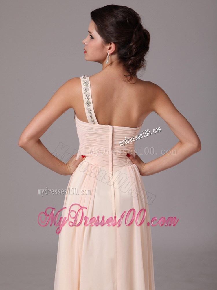 Beaded One Shoulder and Ruches Accent Floor length Champagne Prom Dress