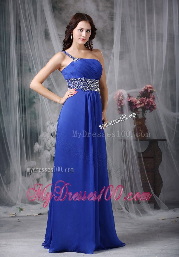 Royal Blue Empire One Shoulder Floor-length Beaded Chiffon Prom Dress