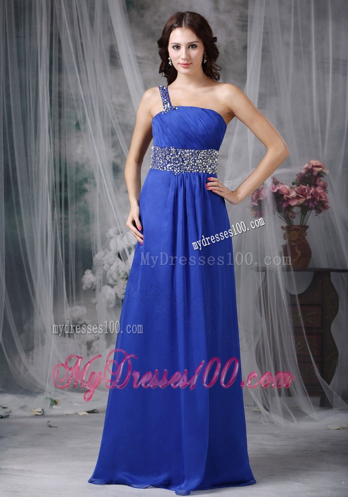 Royal Blue Empire One Shoulder Floor-length Beaded Chiffon Prom Dress
