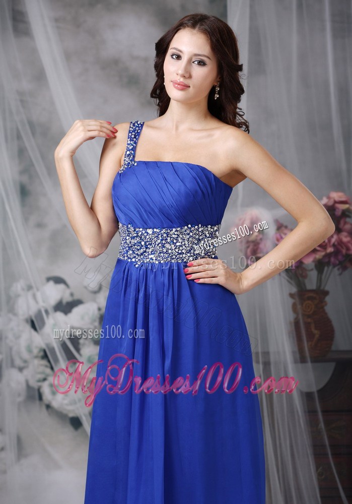 Royal Blue Empire One Shoulder Floor-length Beaded Chiffon Prom Dress