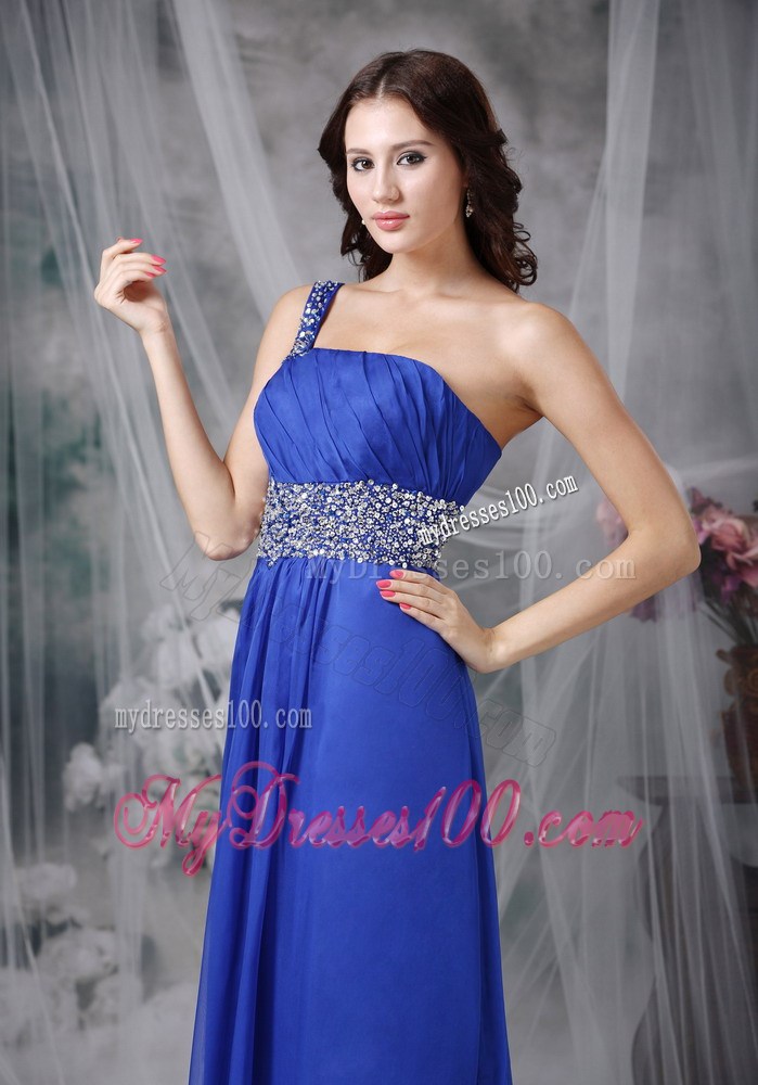 Royal Blue Empire One Shoulder Floor-length Beaded Chiffon Prom Dress