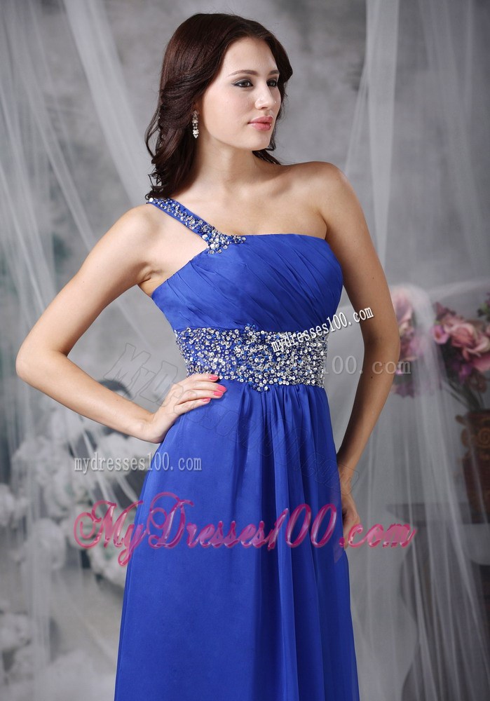 Royal Blue Empire One Shoulder Floor-length Beaded Chiffon Prom Dress