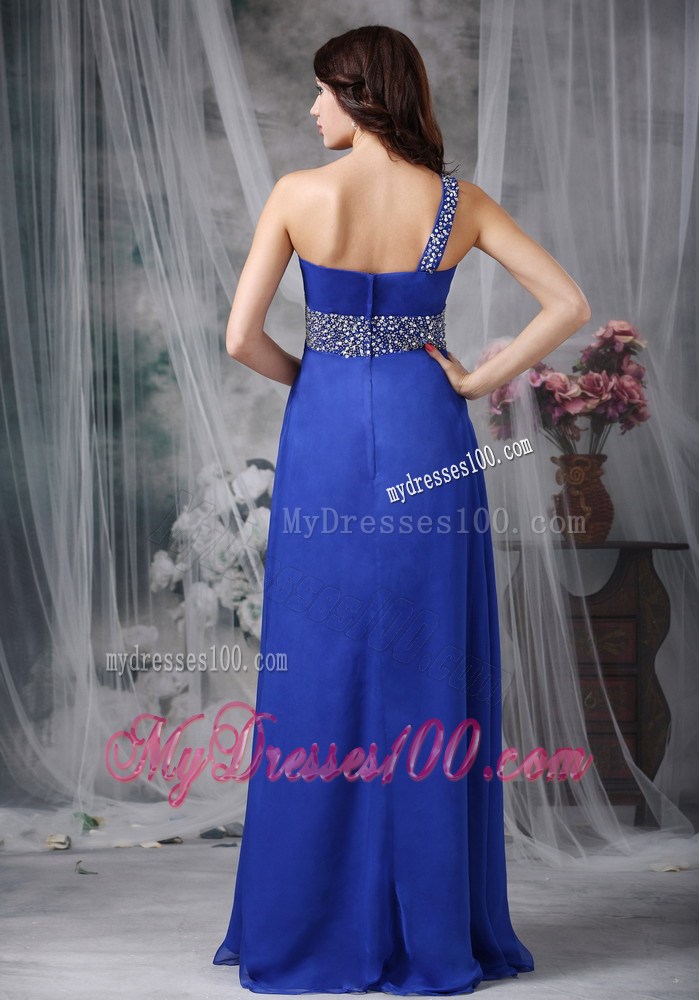 Royal Blue Empire One Shoulder Floor-length Beaded Chiffon Prom Dress