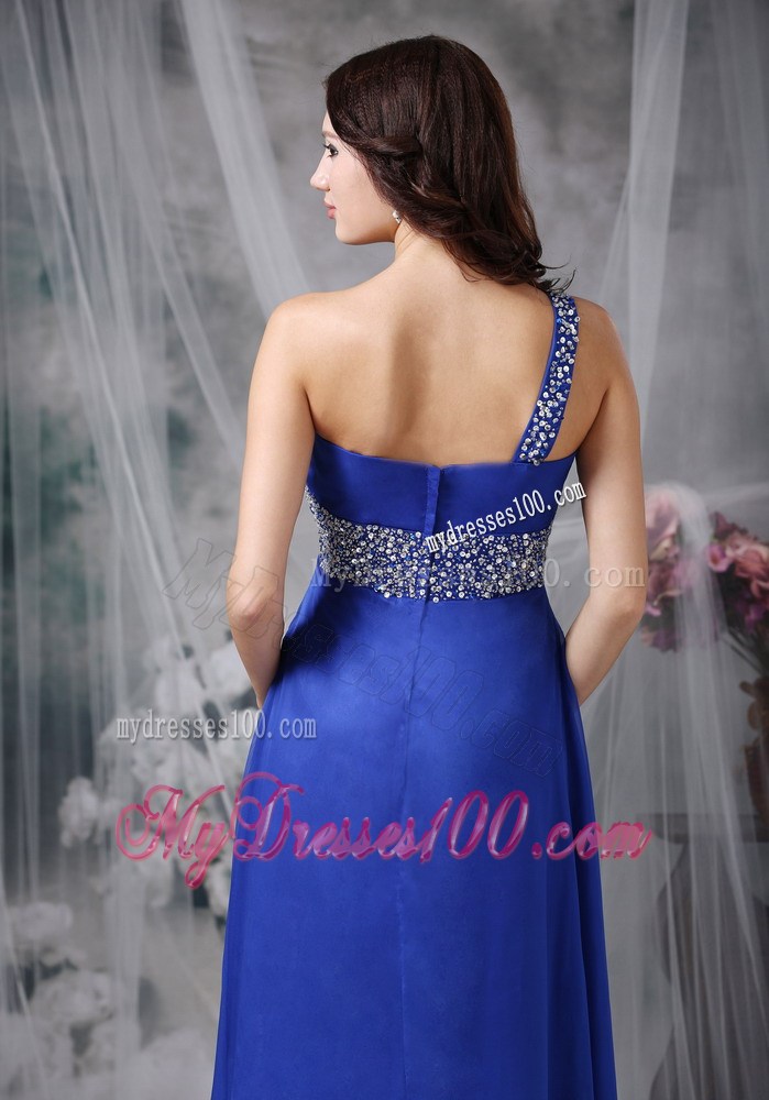 Royal Blue Empire One Shoulder Floor-length Beaded Chiffon Prom Dress