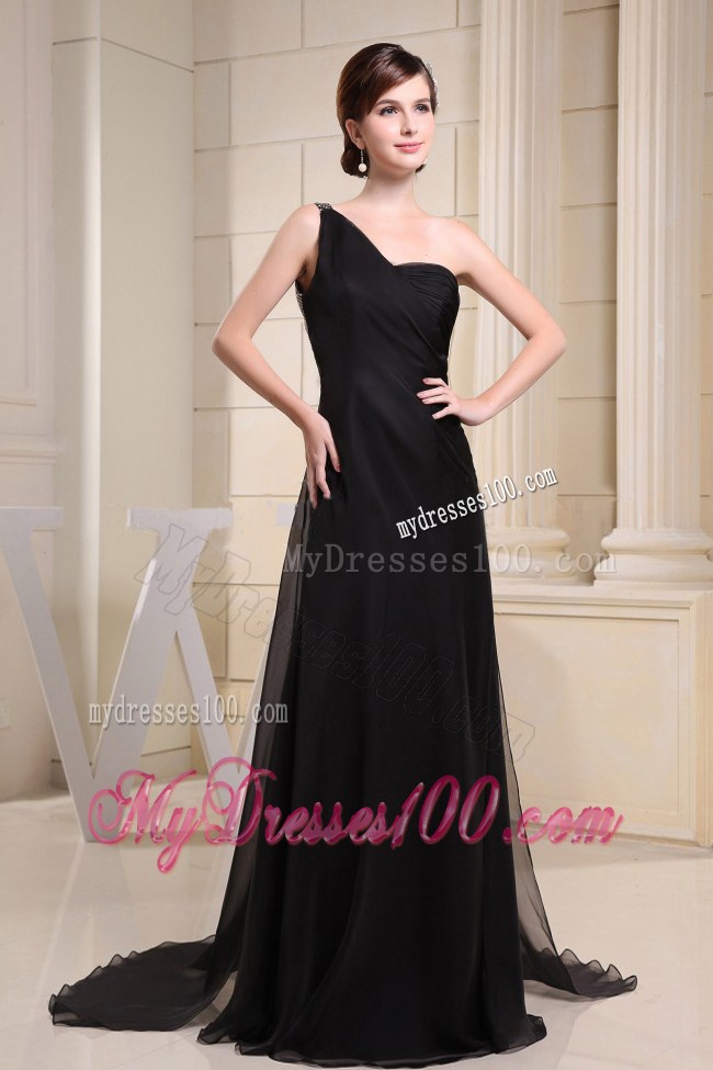 One Shoulder Brush Train The Back Out Prom Evening Dress in Black