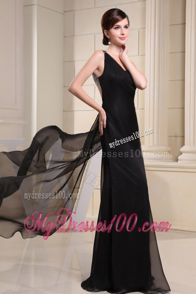 One Shoulder Brush Train The Back Out Prom Evening Dress in Black