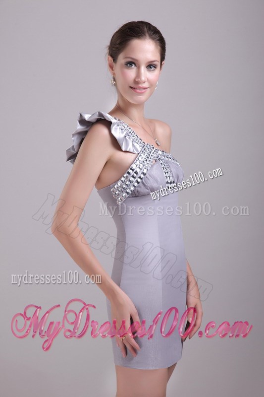 Flounced and Beaded One Shoulder Grey Prom Dress of Packet Buttock