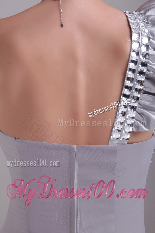Flounced and Beaded One Shoulder Grey Prom Dress of Packet Buttock