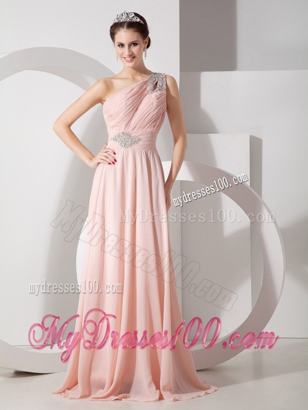 Gorgeous Baby Pink Empire One Shoulder Prom Dress with Ruche and Beading