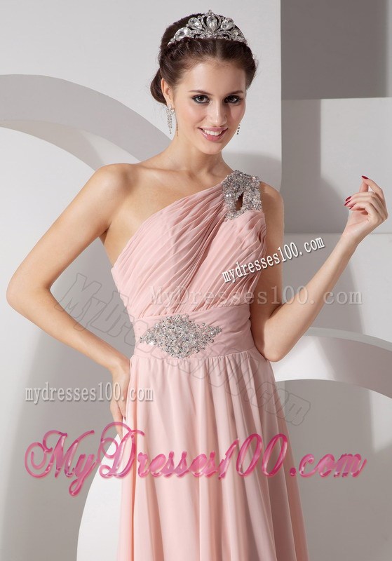 Gorgeous Baby Pink Empire One Shoulder Prom Dress with Ruche and Beading