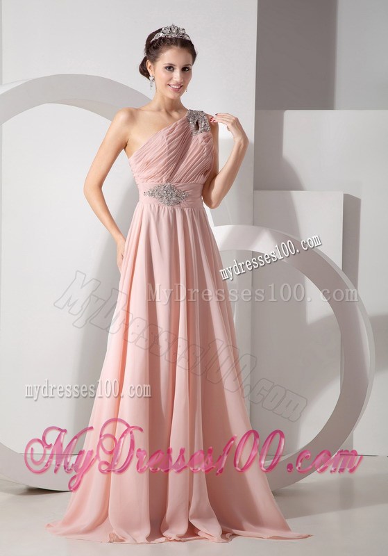 Gorgeous Baby Pink Empire One Shoulder Prom Dress with Ruche and Beading