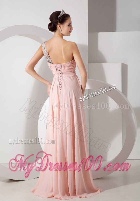 Gorgeous Baby Pink Empire One Shoulder Prom Dress with Ruche and Beading