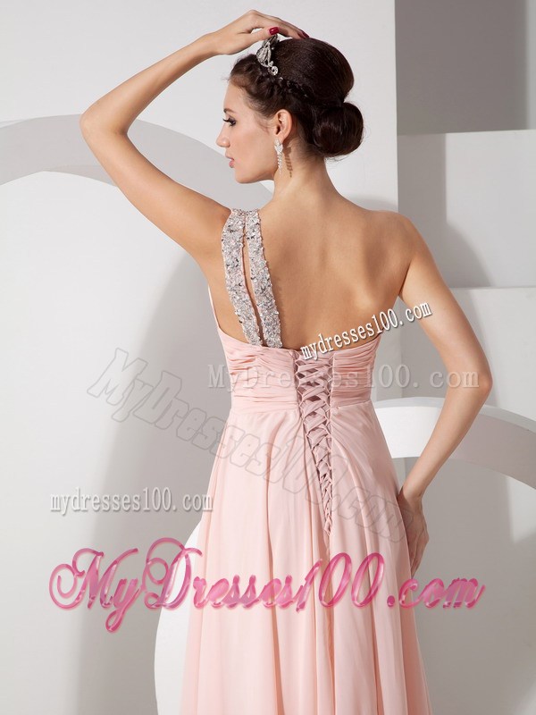 Gorgeous Baby Pink Empire One Shoulder Prom Dress with Ruche and Beading