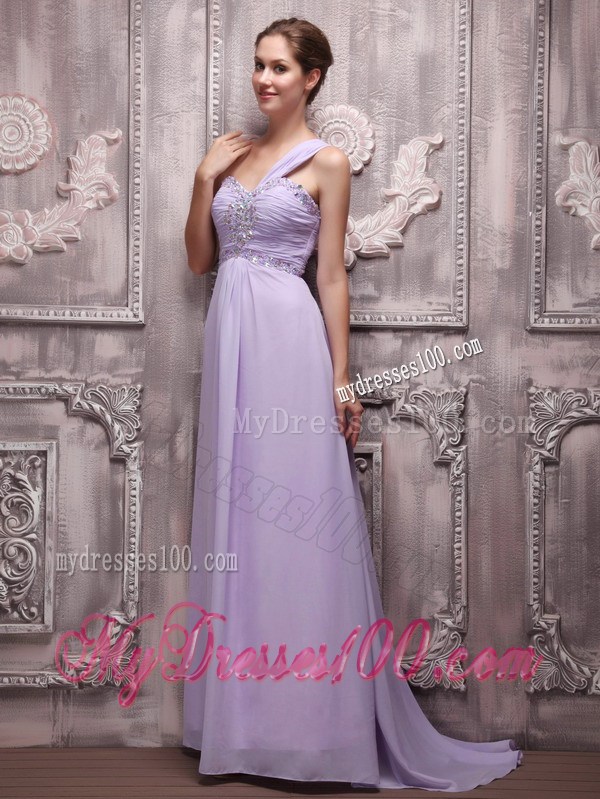Empire One Shoulder Brush Train Lilac Chiffon Beaded Prom Evening Dress