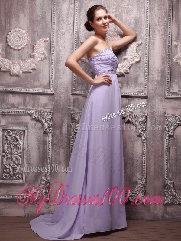 Empire One Shoulder Brush Train Lilac Chiffon Beaded Prom Evening Dress