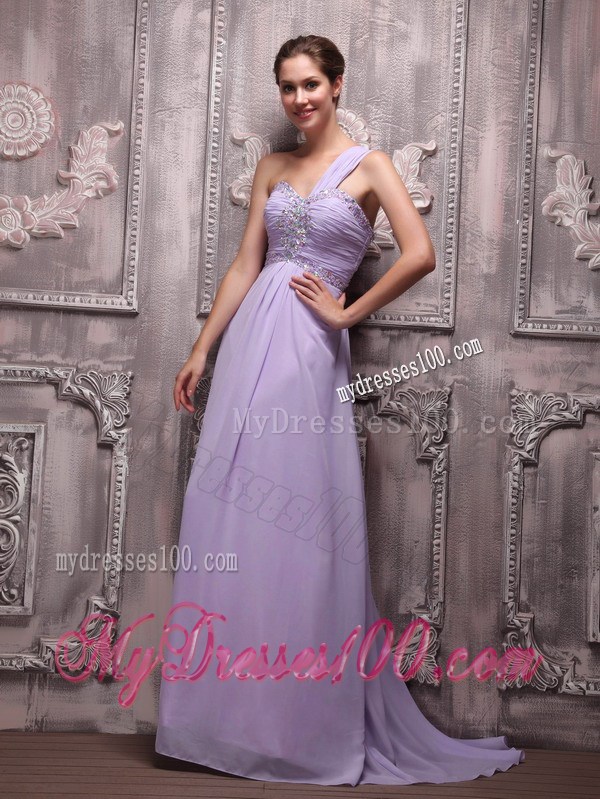 Empire One Shoulder Brush Train Lilac Chiffon Beaded Prom Evening Dress