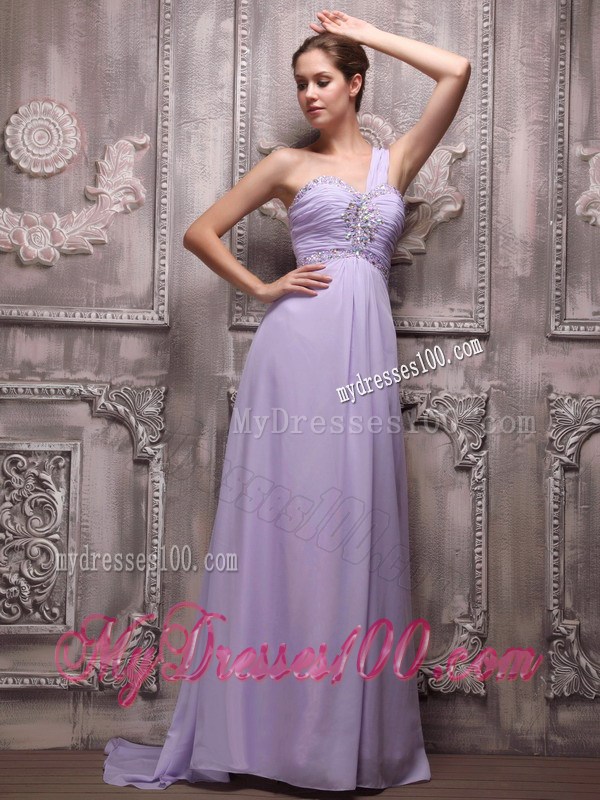 Empire One Shoulder Brush Train Lilac Chiffon Beaded Prom Evening Dress