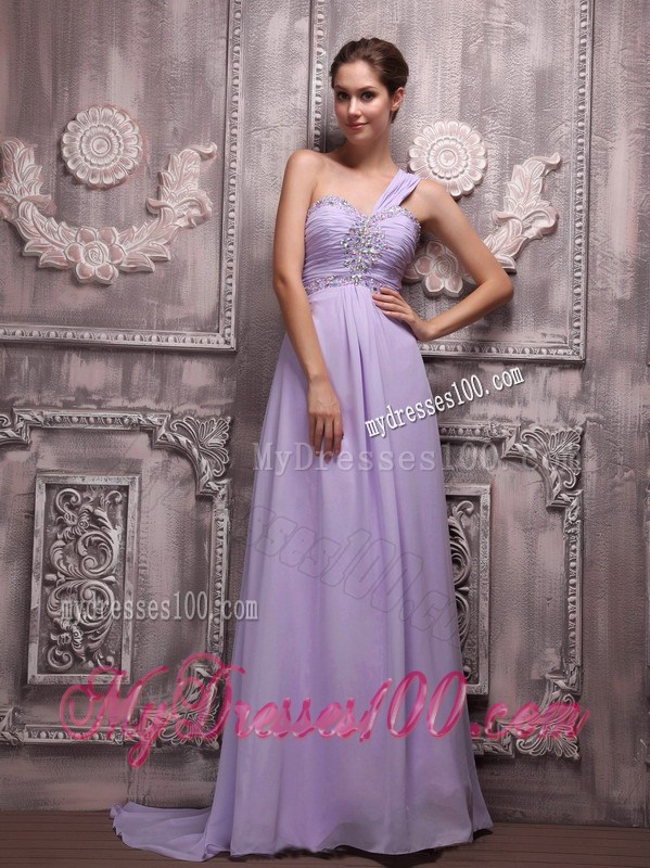 Empire One Shoulder Brush Train Lilac Chiffon Beaded Prom Evening Dress