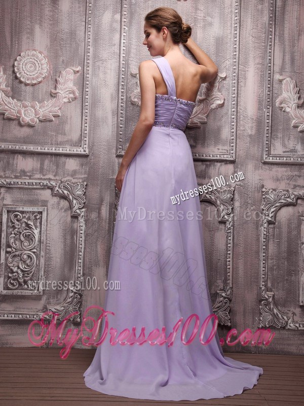 Empire One Shoulder Brush Train Lilac Chiffon Beaded Prom Evening Dress