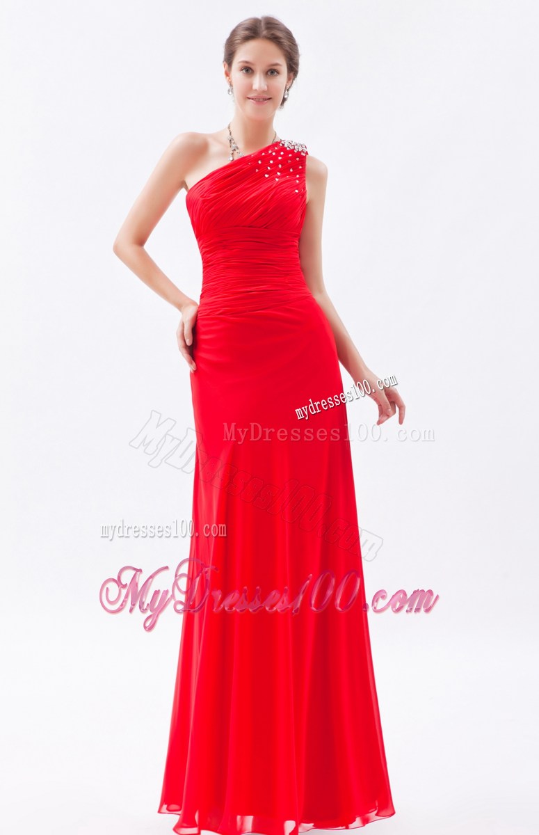Red Column One Shoulder Floor-length Prom Evening Dress with Beading